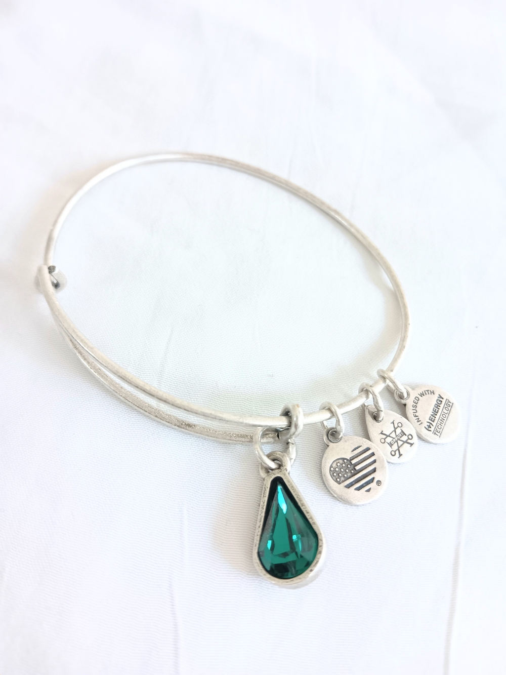 Alex and Ani Silver Bangle with Teardrop Emerald Green Crystal Charm